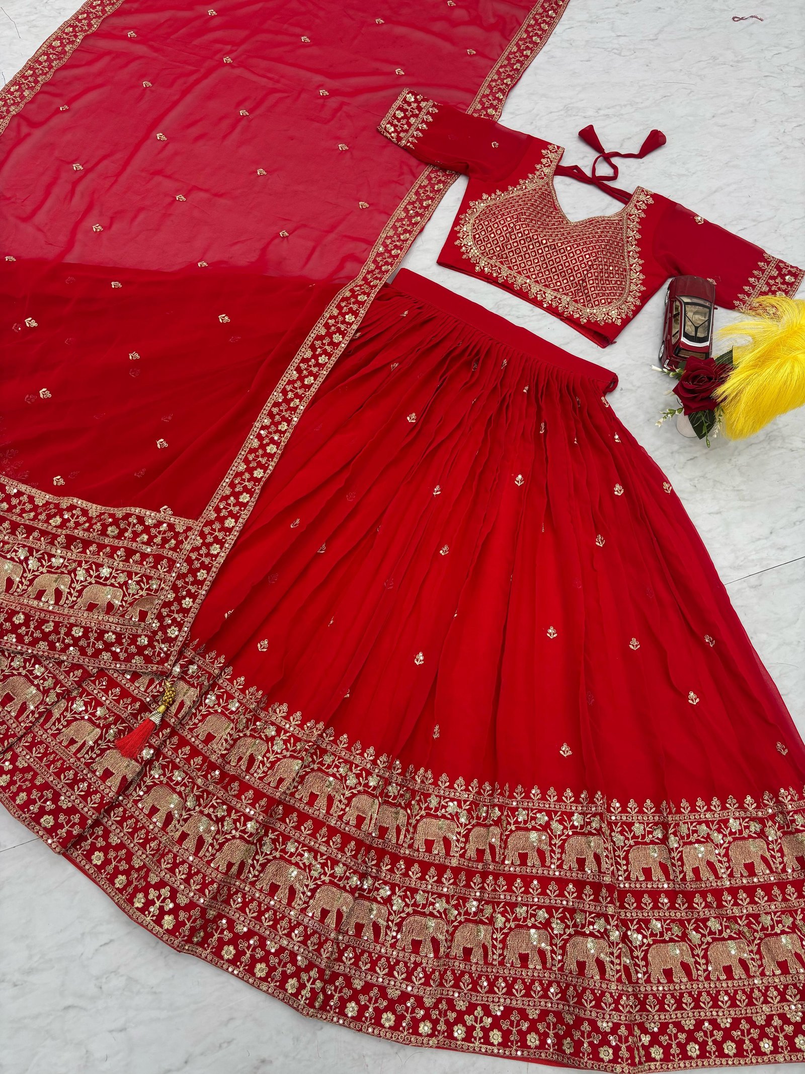 Red Heavy Embroidery Thread & Sequence Work lehenga